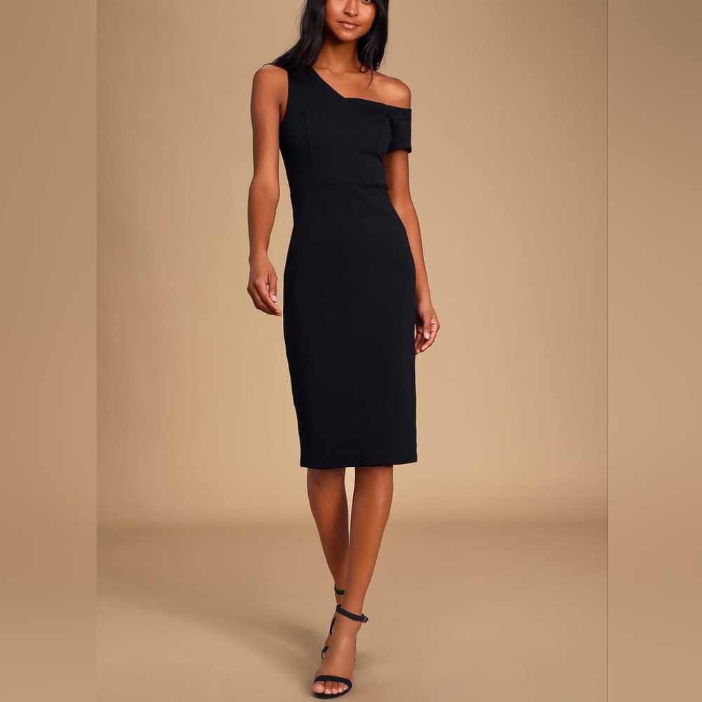 Lulu's Open Your Heart Black One-Shoulder Bodycon Midi Dress XS NWT